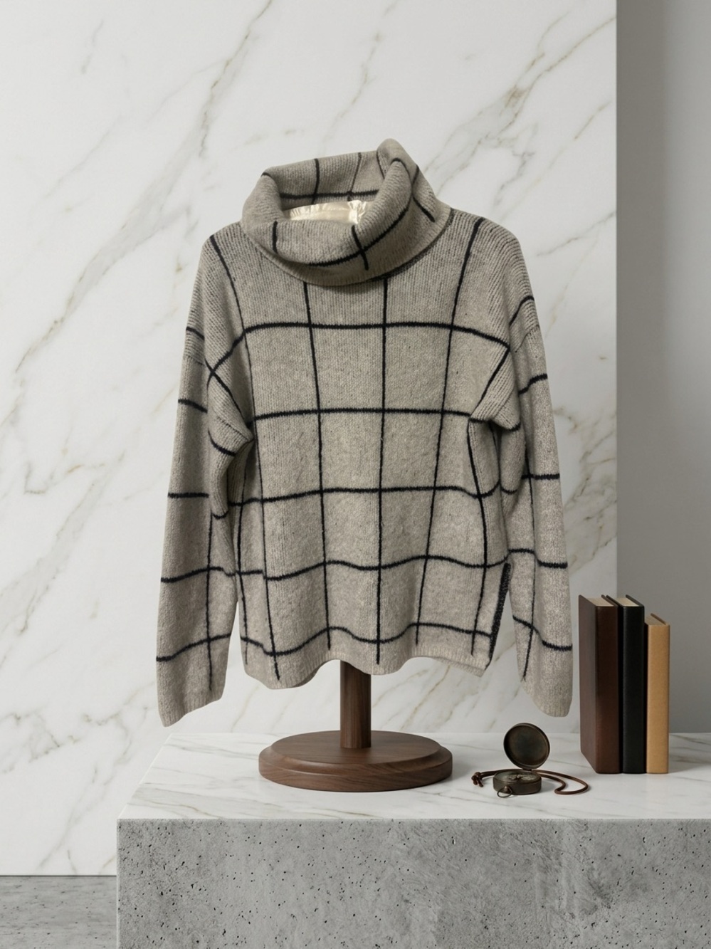Madewell grid windowpane turtleneck sweater gray black knit - S